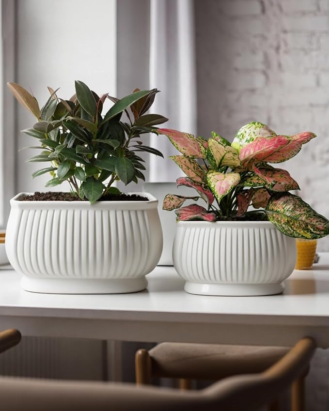 OXART Ceramic Plant pots Indoor Pots Set with Drainage Holes, 12+9 inch Flower Pot Rectangle Planters Pots for Plants for Plants Lilies, Cacti, Succulents, and Pothos, No Trays (White-2)