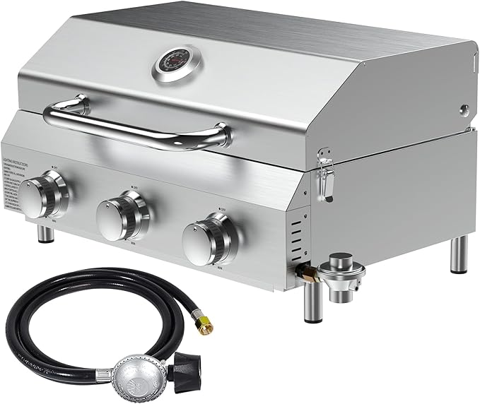 Llamaviva 3 Burner Gas BBQ Grill with Dual Fuel Adapter,22500 BTU Stainless Steel Tabletop Portable Grill for Outdoor Barbecue Camping Cooking RV