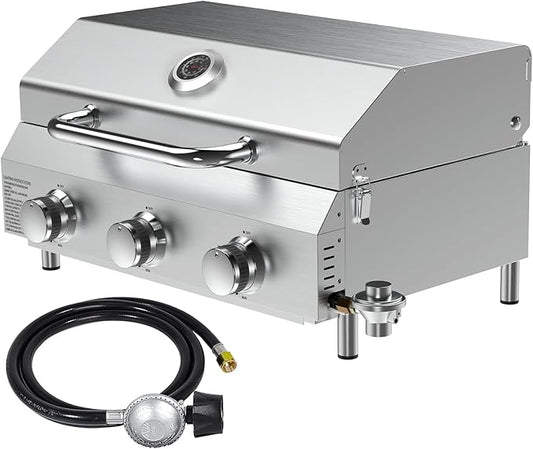 Llamaviva 3 Burner Gas BBQ Grill with Dual Fuel Adapter,22500 BTU Stainless Steel Tabletop Portable Grill for Outdoor Barbecue Camping Cooking RV