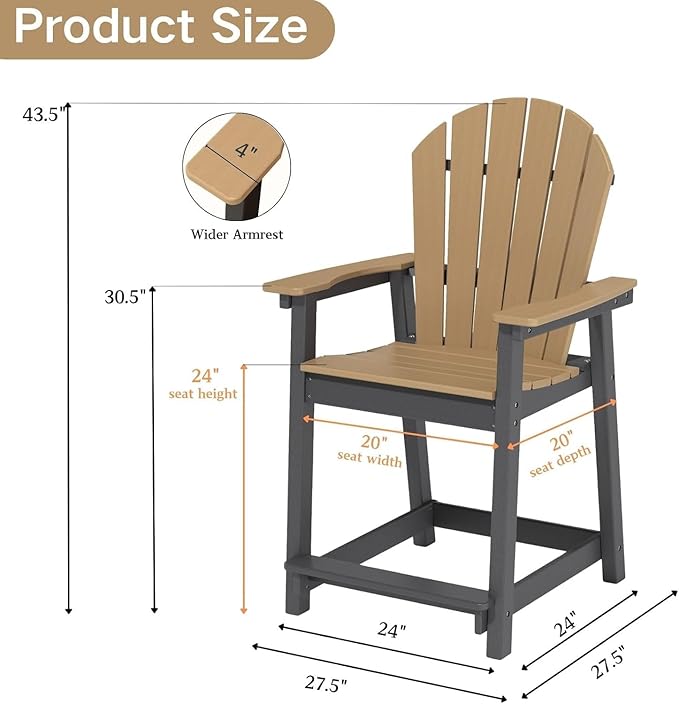 OTSUN Outdoor Tall Adirondack Chairs Set of 2, Patio Bar Stool Chair with High Back, 400lbs, Widened Arms, All-Weather Balcony Chair for Backyard, Garden, Yard (Black Brown)