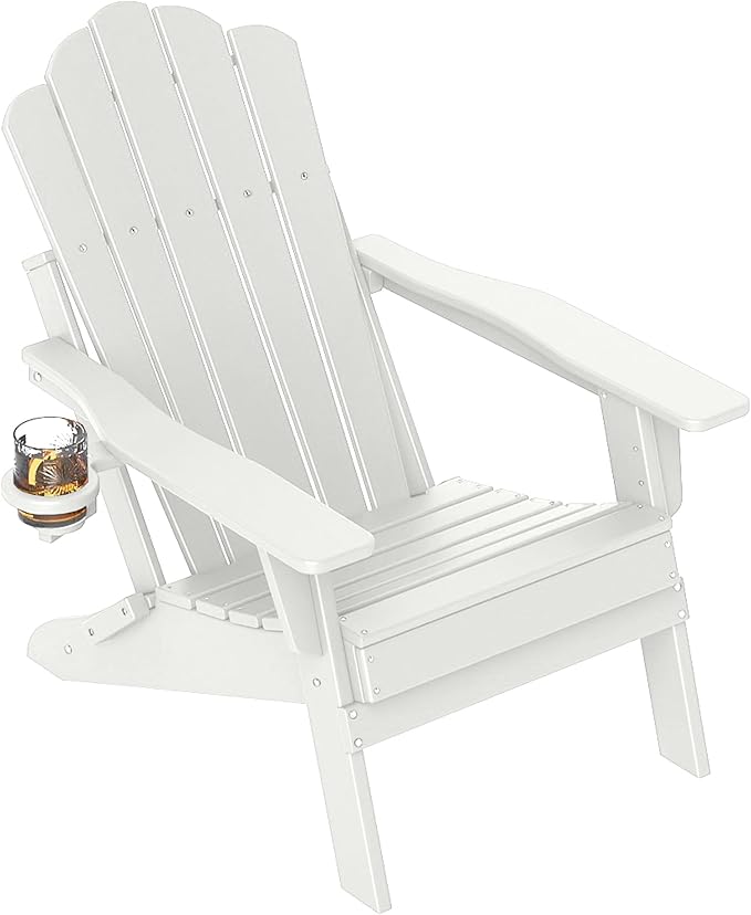 FOOWIN Adjustable Adirondack Chair, Folding Adirondack Chair with Cup Holder, HDPE All-Weather Fire Pit Chair with 3 Recline Positions, Suitable for Patio, Garden, Backyard, Poolside, White