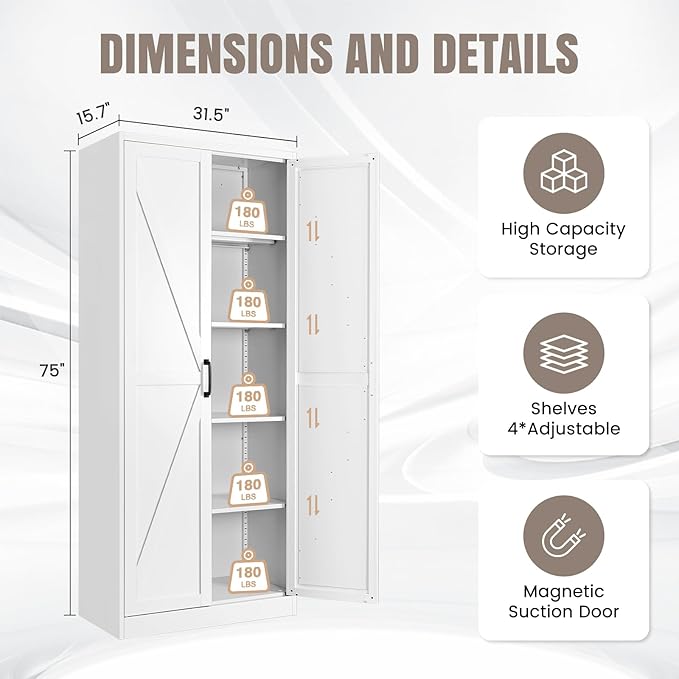 Yizosh Metal Storage Cabinet with Doors and 4 Adjustable Shelves - 75" White Kitchen Pantry Storage,4-Tier Tall Steel Cabinet Locker for Kitchen,Living Room,Dining Room