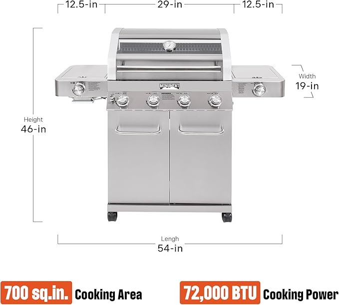 Monument Grills Larger 4-Burner Propane Gas Grills Stainless Steel Cabinet Style with Infrared Side Sear & Side Burners Knob Controls Built-In Thermometer with Stainless Steel Rotisserie Kit(2 Items)