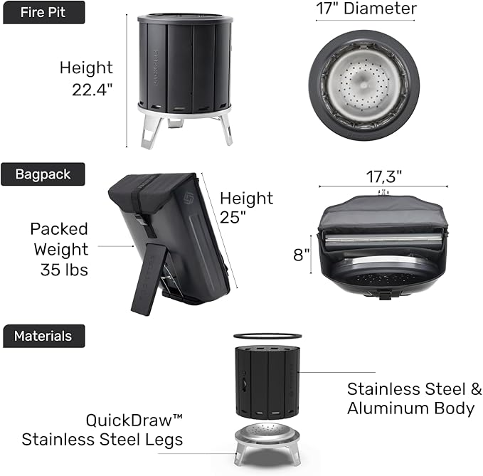 Portable Camping Fire Pit - Packable Fold-Flat Design, Smokeless Burn, Stainless Steel & Aluminum, Includes Backpack, Ideal for Outdoor & RV Adventures
