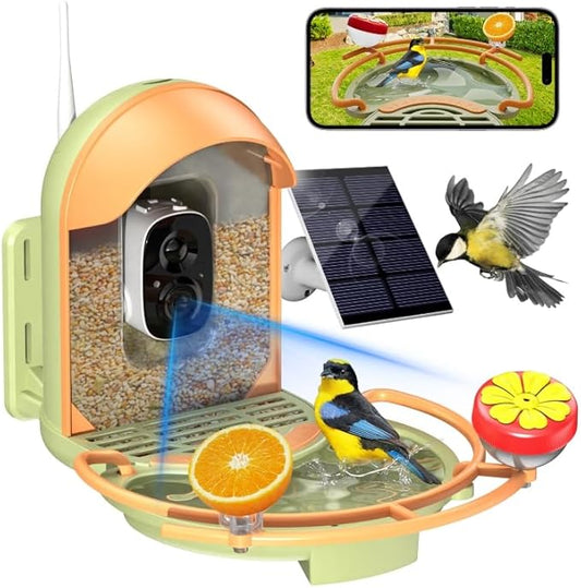 Bird Feeder with Camera, Smart Birdfeeder with Cam Solar Powered, 2K HD Video, AI Identification, Instant Arrival Alerts, IP66 Bird Bath & Feeder,Gift for BirdLover (with BirdBath, Green)