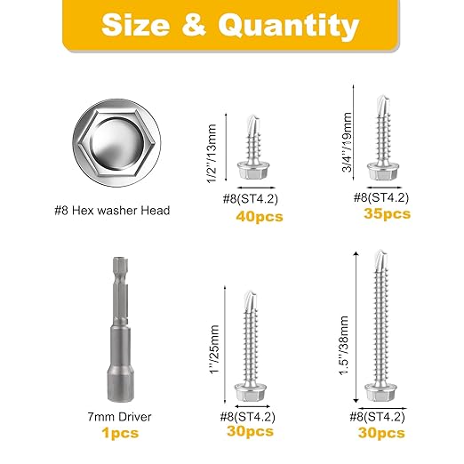 Self-Tapping Screws, 410 Stainless Steel, 125 PCS Assortment Kit with Driver, #8 1/2" 3/4" 1" 1-1/2", Hex Washer Head