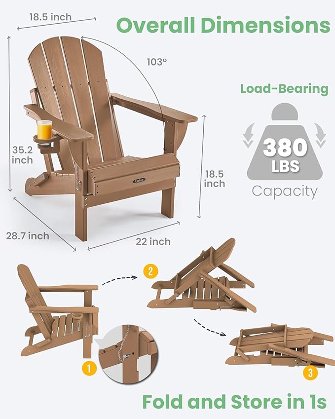 Ciokea Folding Adirondack Chair 4 Pack, Patio Adirondack Chair Weather Resistant, Plastic Fire Pit Chair with Cup Holder, Lawn Chair for Outdoor Porch Garden Backyard Deck (Teak)