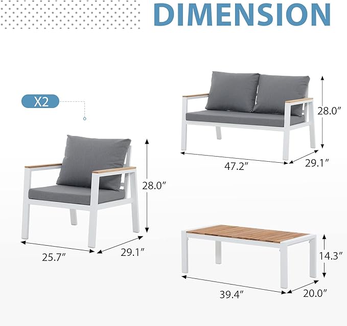 JOIVI Aluminum Patio Furniture Set, 4 Pieces Outdoor Conversation Set with Teak Coffee Table & Cushion, Outdoor Sectional Sof Set, Outside Furniture for Deck, Backyard, White