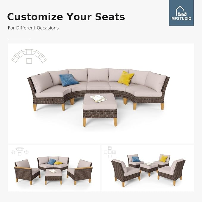 MFSTUDIO Extra Large Wicker Patio Furniture Sets, 10 Pieces All-Weather Half-Moon Curved Rattan Patio Sectional Sofa Set Outdoor Conversation Set with 4" Thick Beige Cushions for Backyard Porch