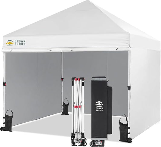 CROWN SHADES 10x10 Pop Up Canopy Tent Instant Commercial 1-Person Setup Patended Centerlock with 400D Fabric, 4 Sidewalls, 4" Wheels, 4 Upgraded Weights, Sto'N Go Bag, White