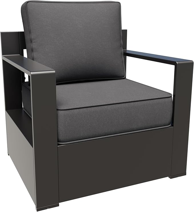 Aluminum Patio Chairs Set of 2, All Weather Use Outdoor Dining Chairs with Rectangular Framed Metal Armrest & 6" Fade-Resistant Cushions & Chair Covers for Deck Balcony Backyard (Grey)