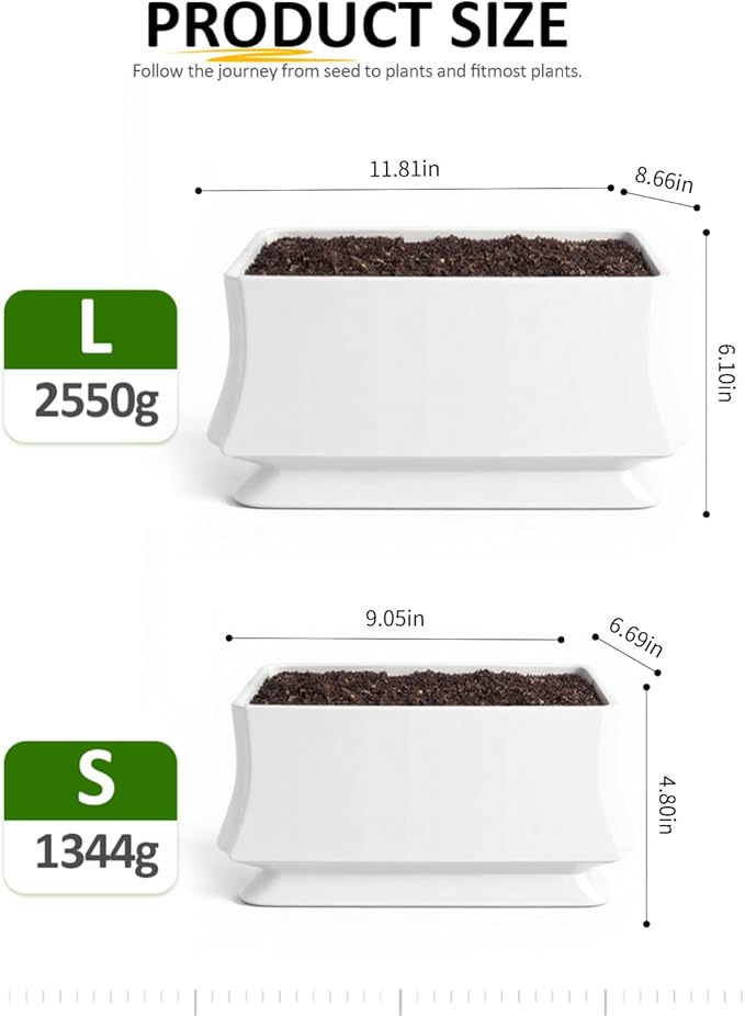 OXART Ceramic Plant pots Indoor Pots Set with Drainage Holes, 12+9 inch Flower Pot Rectangle Planters Pots for Plants for Plants Lilies, Cacti, Succulents, and Pothos, No Trays (White-4)