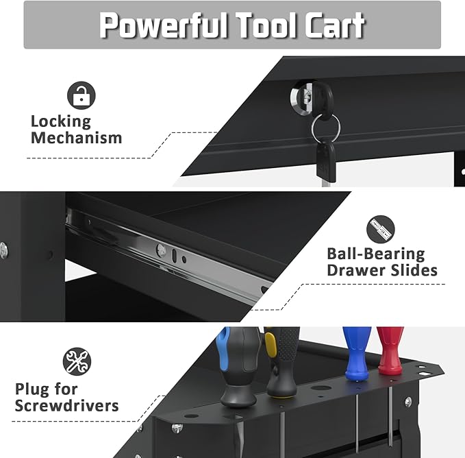 3 Tier Rolling Tool Cart, 400 LBS Capacity Mechanic Tool Carts on Wheels, Heavy Duty Utility Cart with Drawers, Metal Work Cart for Garage, Warehouse and Repair Shop, Matte Black