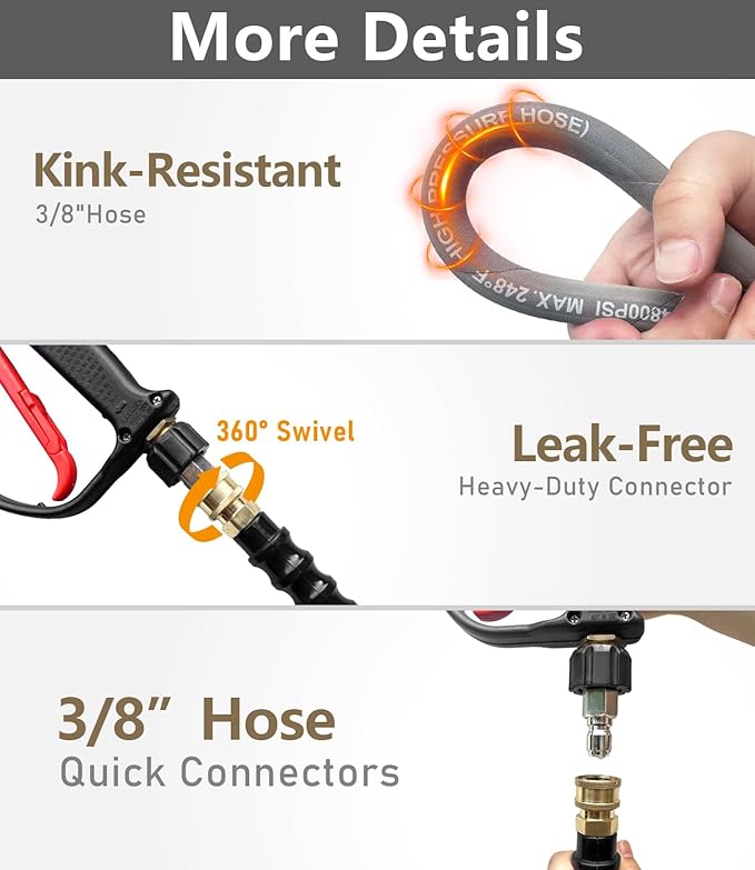 3/8" Pressure Washer Hose 50FT 4800 PSI, Kink Resistant Steel Braided Layer & NonMarking Rubber for Hot/Cold Water, High Power Washer Hose With 3/8 Inch Quick Connect & M22 Fitting, Gray