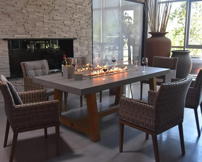 Elementi | Sonoma Gas Fire Pit Cast Concrete Rectangular Dining Fire Table, Outdoor Fire Pit Electronic Ignition | Canvas Cover, Lava Rock Included | Natural Gas