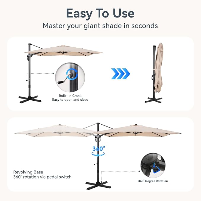 GREEN PARTY 9x12 ft Cantilever Patio Umbrella, Rectangle Offset Outdoor Umbrellas with 360° Rotation, 5-Year-Non-Fading Hanging Pool Umbrella for Garden Deck Poolside - Beige