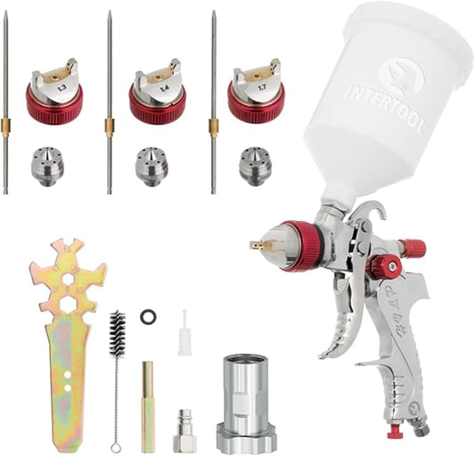 INTERTOOL HVLP Air Spray Gun with 1.3/1.4/1.7 mm Nozzles - Sprayer for Car Paint, Automotive, Home, Furniture - Top & Base Coat, Clear Coat, Varnish, Primer, Stain, Lacquer - PT08-0153