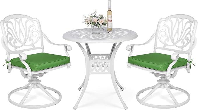 VIVIJASON 3-Piece Patio Furniture Dining Set, Outdoor All-Weather Cast Aluminum Bistro Set, Include 2 Swivel Chairs and 31" Round Table w/Umbrella Hole for Balcony, Lawn, Garden, Backyard, White
