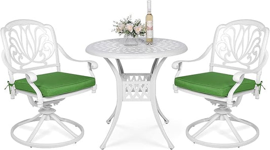 VIVIJASON 3-Piece Patio Furniture Dining Set, Outdoor All-Weather Cast Aluminum Bistro Set, Include 2 Swivel Chairs and 31" Round Table w/Umbrella Hole for Balcony, Lawn, Garden, Backyard, White
