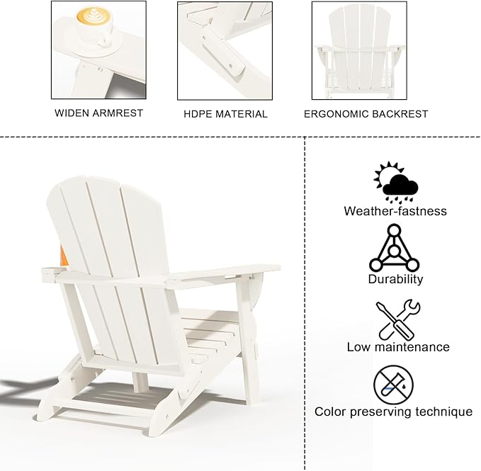 Folding Adirondack Chairs with Cup Holders, Set of 6 HDPE Plastic Outdoor Chairs, Weather Resistant, Real Wood Look, Heavy-Duty Patio Furniture for Deck, Fire Pit, Backyard, White