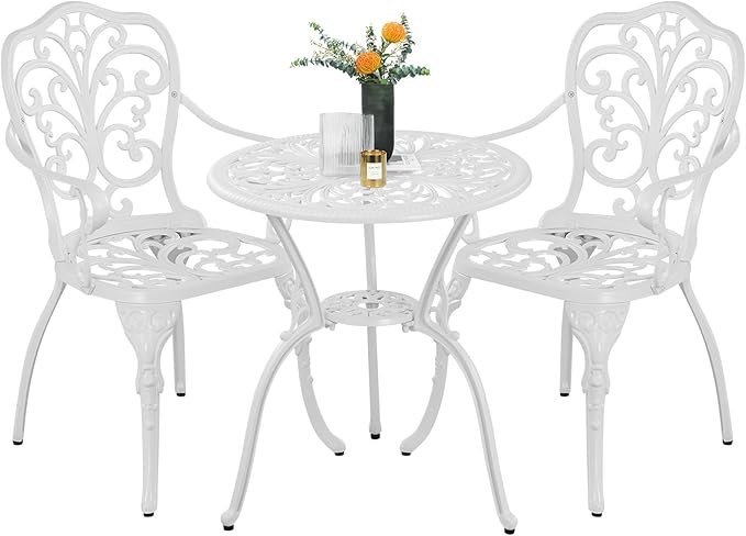 3 Piece Bistro Table Set,Outdoor Cast Aluminum Bistro Patio Table and Chair Set with 1.97" Umbrella Hole,All Weather Outdoor Dining Set for Garde,Porch,Balcony(White)