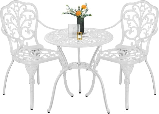 3 Piece Bistro Table Set,Outdoor Cast Aluminum Bistro Patio Table and Chair Set with 1.97" Umbrella Hole,All Weather Outdoor Dining Set for Garde,Porch,Balcony(White)