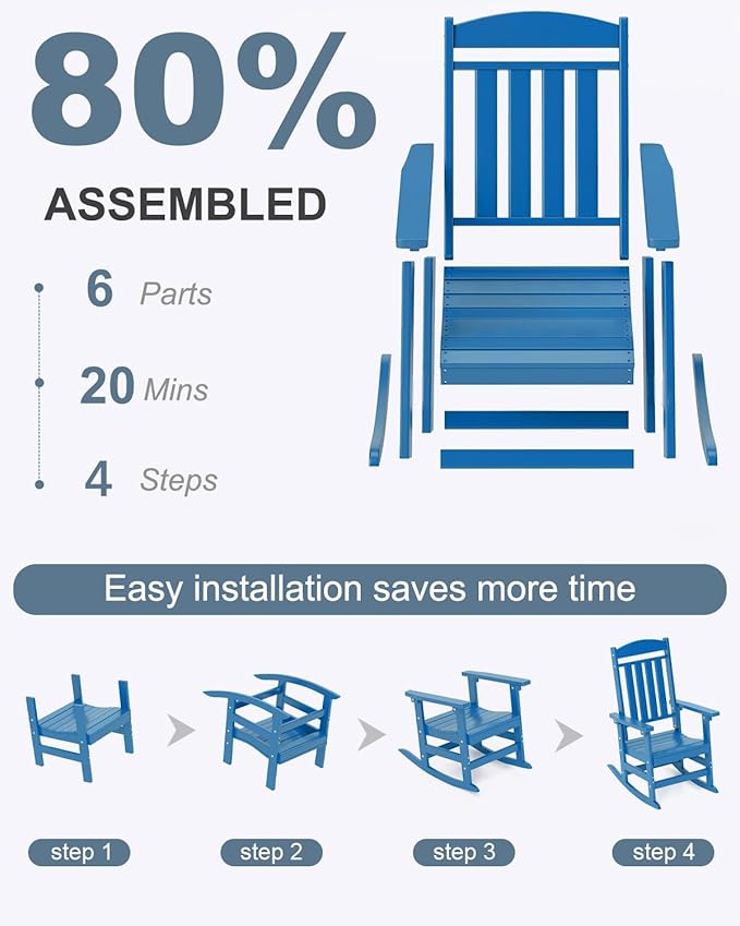 Outdoor Rocking Chairs, Oversized High Back Patio Rocking Chairs, All Weather Porch Rocking Chairs for Outside. Pacific Blue