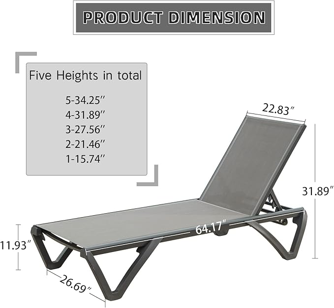 Domi Patio Chaise Lounge Outdoor Aluminum Polypropylene Chair with Adjustable Backrest, Poolside Sunbathing Chair for Beach,Yard,Balcony