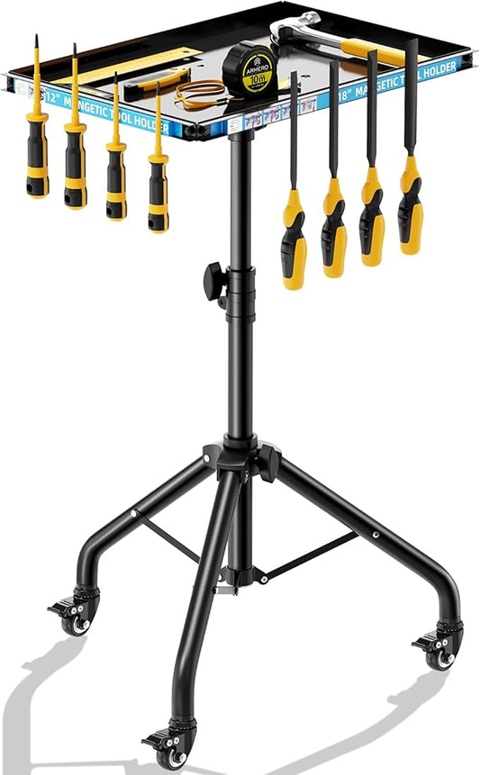 Rolling Tool Cart Adjustable Height Mechanics Tool Table with Magnetic Holders Durable Metal Tray 360° Swivel Casters Multi-Functional Tool Cart on Wheels Organizer for Garage Workshop Home Use