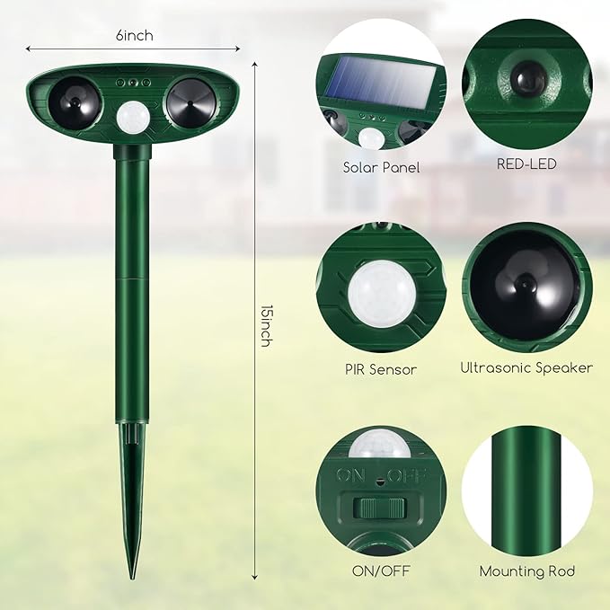 4 Pack Deer Repellent Solar Ultrasonic Animal Repeller Outdoor Racoon Squirrel Fortress Pro Waterproof Animal Deterrent Devices, Cat,Dog,Skunk,Rabbit,Coyote Deterrent for Yard Garden Farm