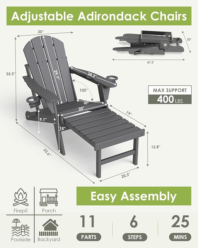 GREENVINES Adjustable Adirondack Chair with Retractable Ottoman | Folding | HDPE Plastic | Fire Pit Chairs w/Foot Rest | 2 Cup Holders | Grey | for Outdoor Patio Poolside Deck