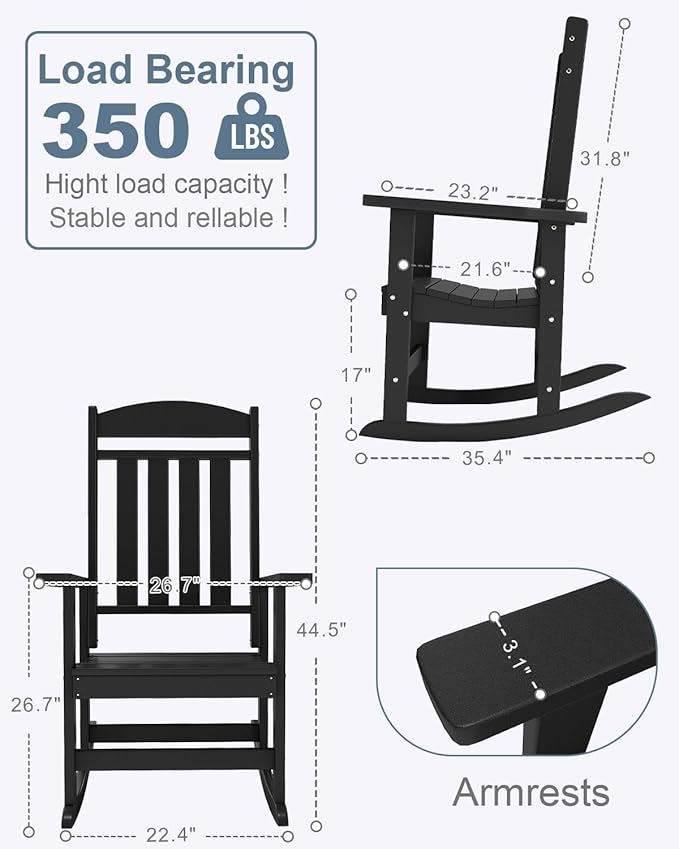 Outdoor Rocking Chairs, Oversized High Back Patio Rocking Chairs, All Weather Porch Rocking Chairs for Outside.Black