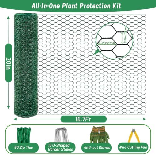 Plant Protectors from Animals, 16.4 x 16In Green PVC Coated Galvanized Chicken Wire Mesh Roll, 0.8mm Free-Cut Plant Cage with Ties, Stakes, Gloves, Pliers & Floral Wire (16.4Ft*20In)