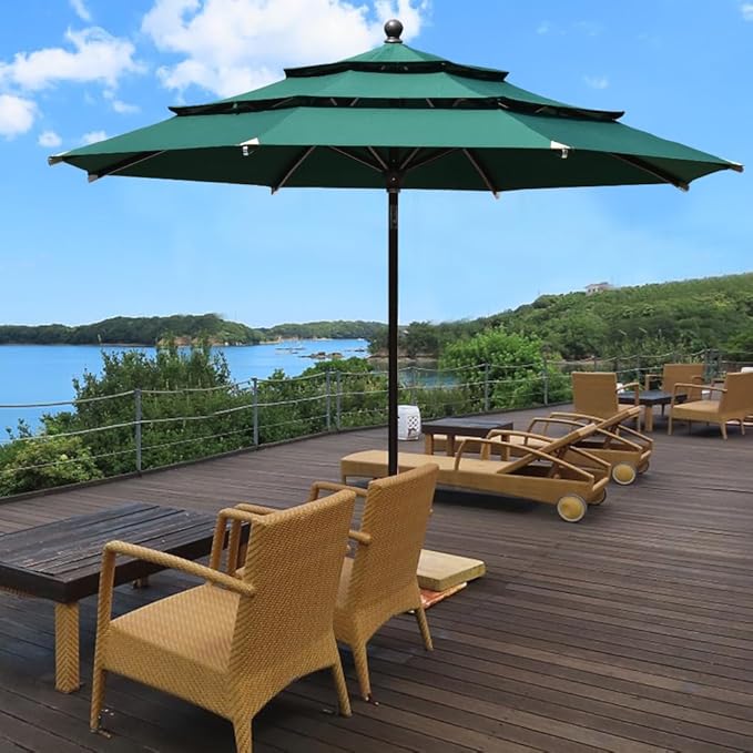 EliteShade USA 10-Year-Non-Fading 11Ft 3 Tiers Market Umbrella Patio Outdoor Cylinder Auto Push-up Table Umbrella with Ventilation, Forest Green