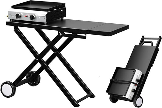 Bonnlo Foldable Flat Top Grill with 2 Burner, Powerful 20,000 BTU Propane Gas Grills with Ignition, Enamel Griddle, Side Shelf & Portable Cart with Wheels for Outdoor Camping Hibachi Grill Use