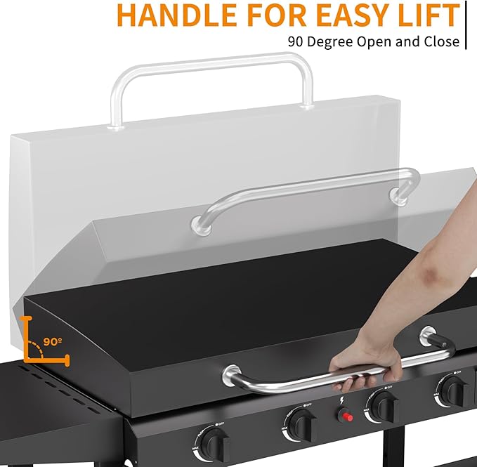 4 Burner BBQ Gas Griddle with Hood, 30 Inch Stainless Steel Portable Detachable Propane Griddle, 60,000 BTU Flat Top Grill with Side Shelves for Camping, Silver