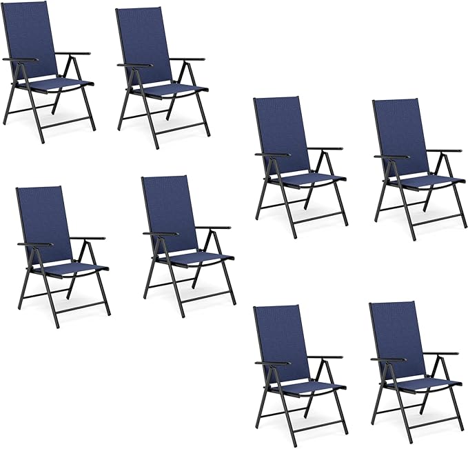 MFSTUDIO Patio Folding Chairs Set of 8, Outdoor Patio Dining Chairs, Portable Blue Sling Patio Chairs, 7 Levels Adjustable Sling Back Chairs for Backyard Lawn Garden