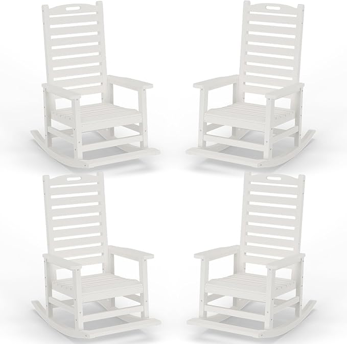 Outdoor Rocking Chair Set of 4 with Removable Footboard for Adults, HDPE High Back Patio Rocking Chairs, 330lbs All Weather Porch Rocking Chairs for Outdoor & Indoor -White