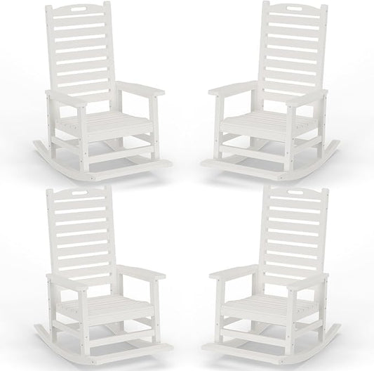 Outdoor Rocking Chair Set of 4 with Removable Footboard for Adults, HDPE High Back Patio Rocking Chairs, 330lbs All Weather Porch Rocking Chairs for Outdoor & Indoor -White
