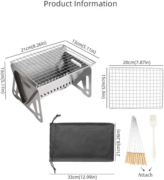 Portable Folding BBQ Grill for 1-2 People - Mini Charcoal Grill for Camping, Compact Stainless Steel Fire Pit with Carry Bag, Comes with 10 barbecue skewers and a silicone brush (8.2X5.5 IN)