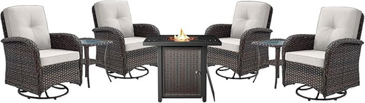 Belord 7-Piece Modern Brown Patio Conversation Set - 4 Swivel Glider Chairs & 50,000 BTU Propane Fire Table