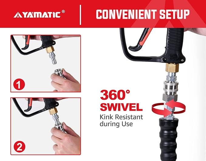 YAMATIC 5000PSI 3/8" Pressure Washer Hose 125FT with Stainless Steel Quick Connector, Rubber Power Washer Replacement Hose, Steel Wire Braided, Compatible with Simpson, Craftsman, Champion