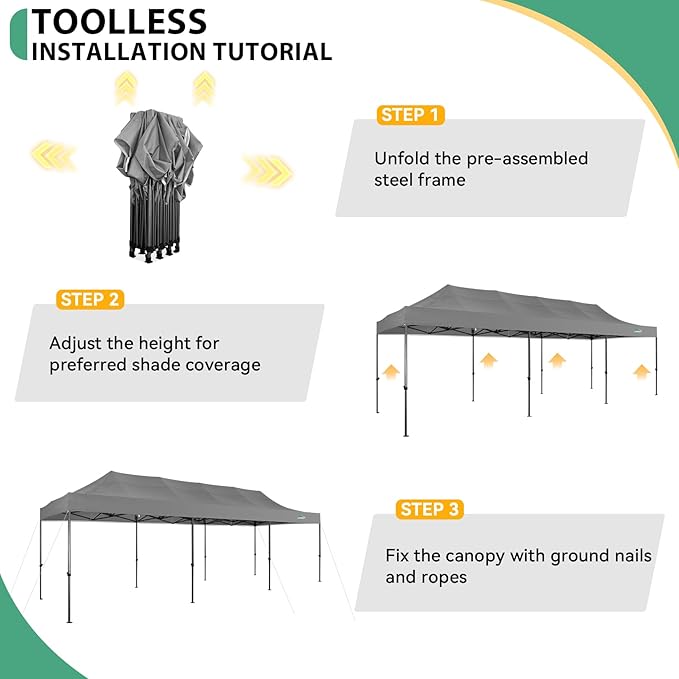 COBIZI 10x30 Pop up Canopy Tent Heavy Duty Without Sidewalls, Easy Set-up Commercial Outdoor Party Canopy, 100% Waterproof Wedding Gazebo, 3 Height Adjustable with Wheeled Bag, Gray