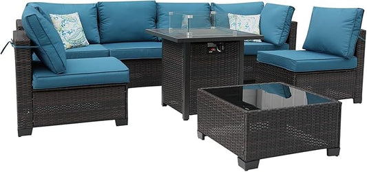 8 Pieces Patio Sets with 28" Gas Fire Pit Table Wicker Rattan Outdoor Furniture Set Conversation Set with Garden,Balcony,Pool, Deck (Brown & Peacock Blue, 8pcs Set)