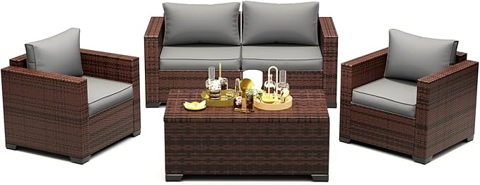 UDPATIO 4 Piece Patio Furniture Set, Wicker Patio Set with Storage Coffee Table and Dark Grey Cushions, Outdoor Patio Furniture for Porch Balcony