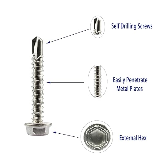 450Pcs Self Drilling Metal Screws, 410 Stainless Steel Hex Flange Head with Drill Point (#8#10), Sheet Metal Screws Assortment Kit in Plastic Box - for HVAC, Roofing, Automotive, Fencing