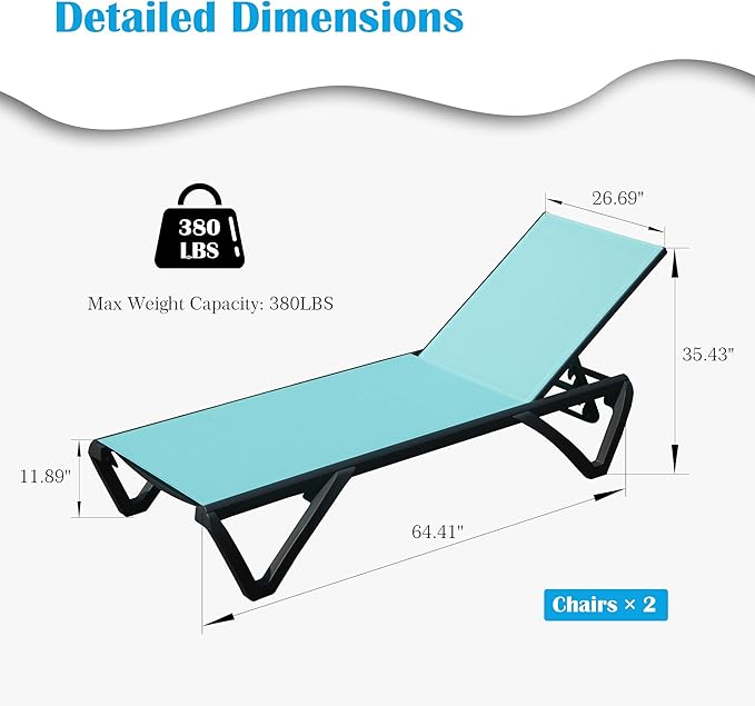 Domi Outdoor Lounge Chair Set of 2, Aluminum Patio Chaise Lounge with 5 Position Adjustable Backrest and Wheels, All Weather Reclining Chair for Patio, Lake Blue