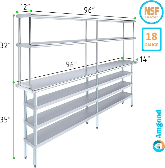 Amgood 14" x 96" Stainless Steel Work Table with 3 Shelves and 12" Wide Double Tier Overshelf | Metal Kitchen Prep Table & Shelving Combo | NSF