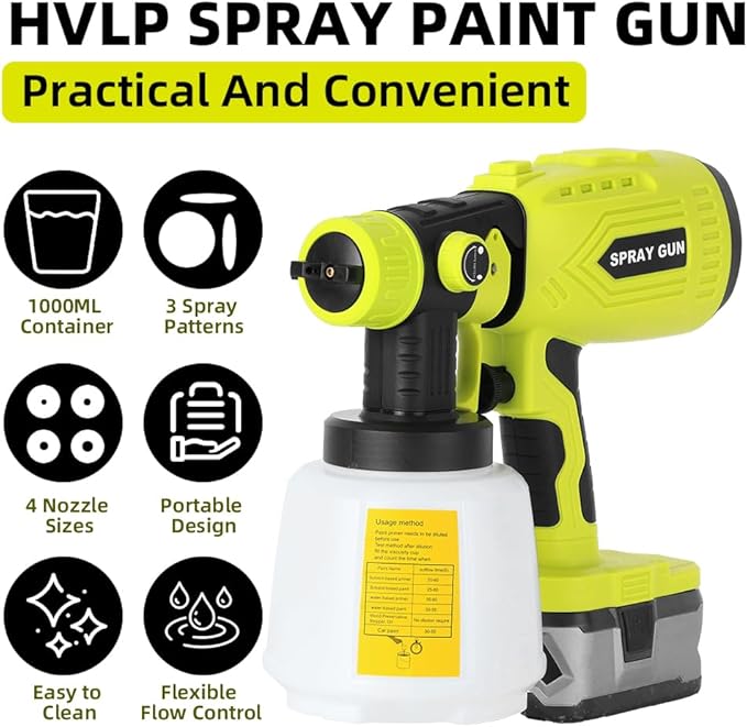 Paint Sprayer Compatible with Ryobi 18V Battery, 200W HVLP Spray Paint Gun Tool with Brushless Motor and Copper Nozzle, Easy to Clean, for Furniture, Fence, Walls, Ceiling, Door etc. (No Battery)