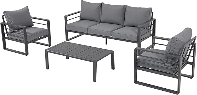 Patiorama Aluminum Patio Furniture Set, 4 PCS Modern Patio Conversation Set, All Weather Dark Grey Outdoor Sectional Sofa Set w/Table, 3-Seater Sofa, Superior Olefin Cushion, Garden-Grey Cushion